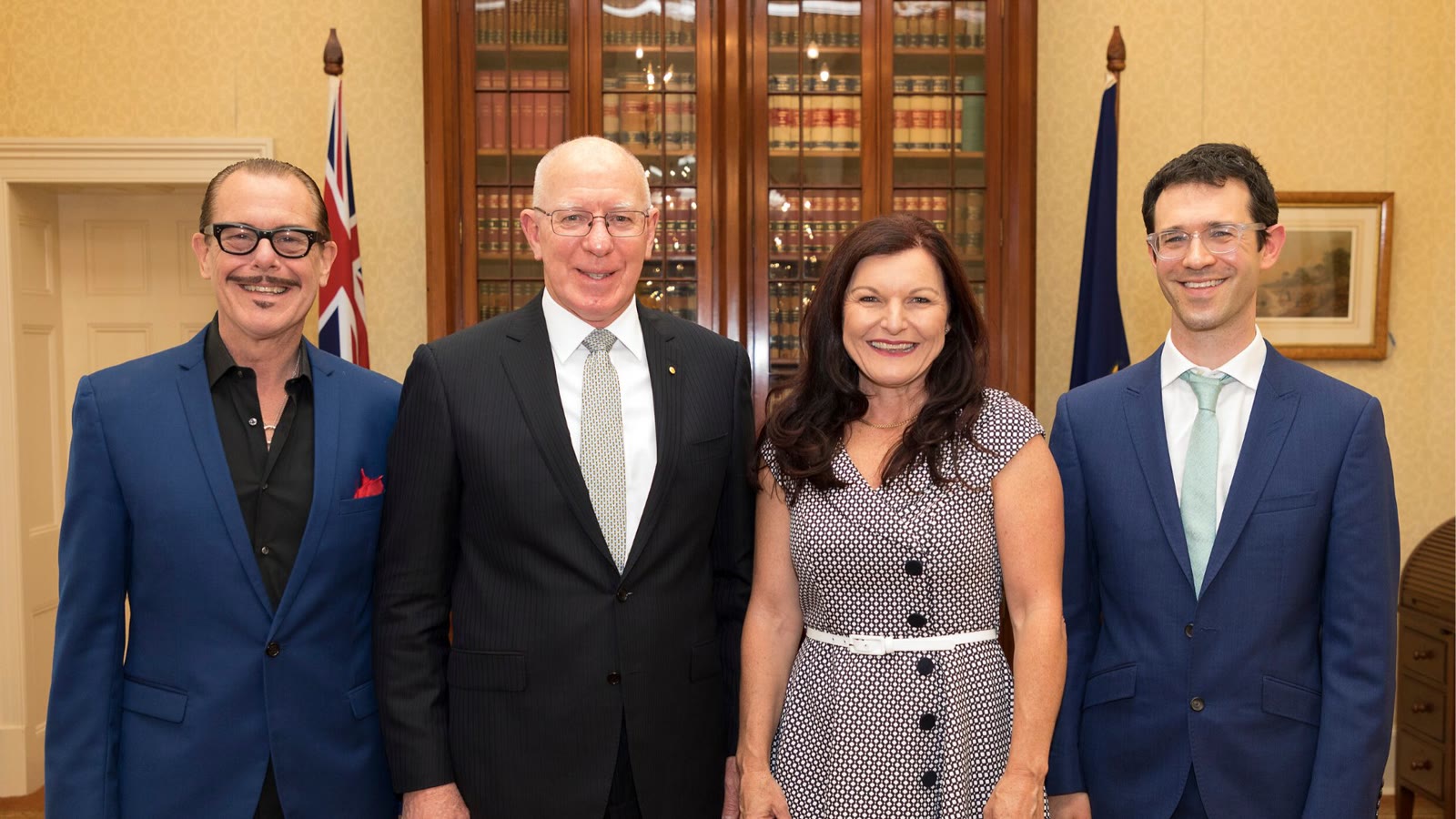 Annie Gibbins at Government House Canberra with His Excellency the Hon. David Hurley, Governor-General of Australia, Kirk Pengilly and Dr Simon Skalicky representing Glaucoma Australia